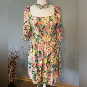 GAP Linen Floral Smocked Puff Sleeve Dress Square Neck Cottagecore SZ LG Tall